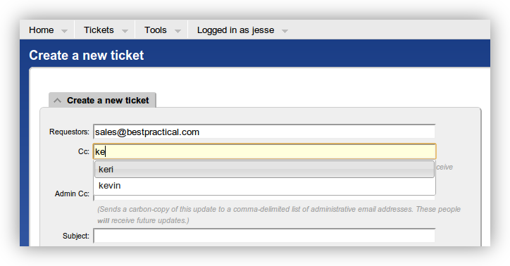 Screenshot: autocomplete for ticket create