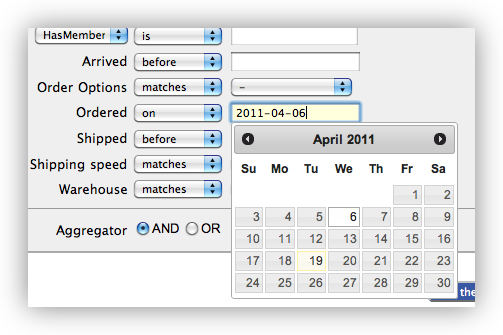 Screenshot: search for a datetime